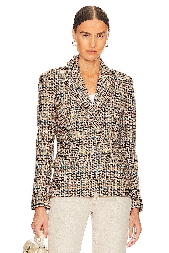 view 2 of 5 Kenzie Double Brested Blazer in Tan Teal Multi Twill Plaid