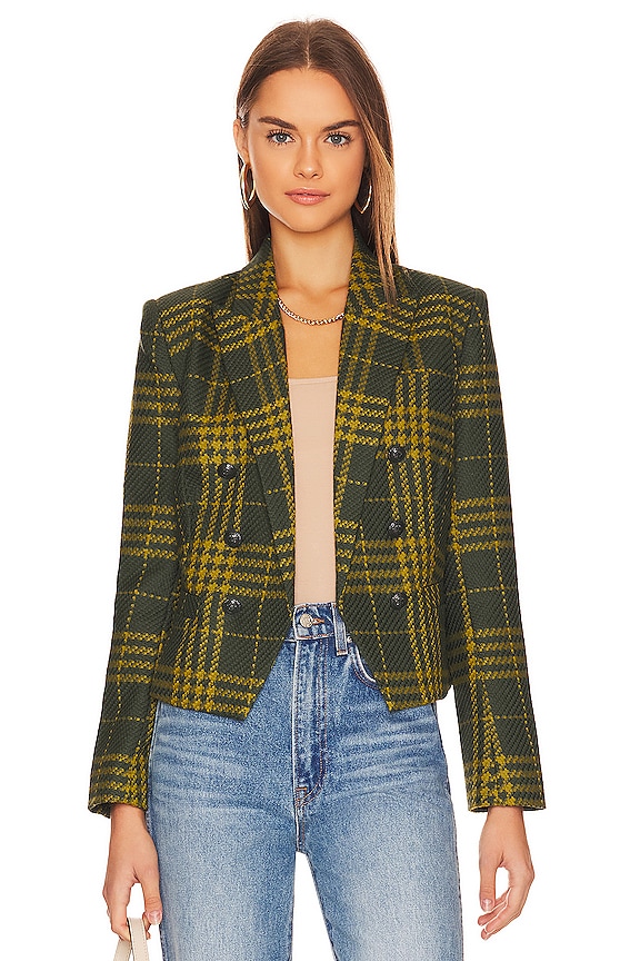 L'AGENCE Brooke Double Breasted Crop Blazer in Green Multi Plaid | REVOLVE