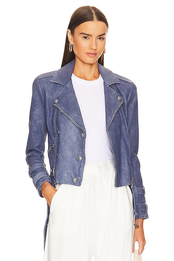 L'AGENCE Billie Belted Leather Jacket in Washed Indigo | REVOLVE