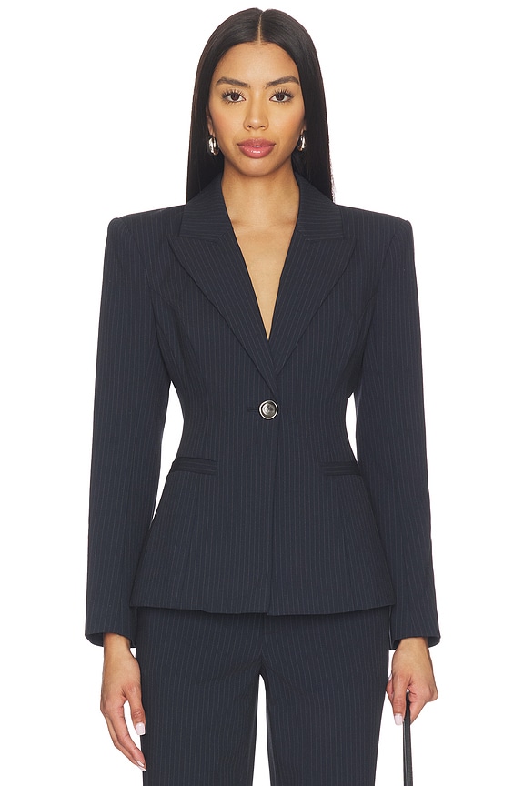 view 1 of 6 Therese Cinched Waist Blazer in Midnight & Ivory Pinstripe