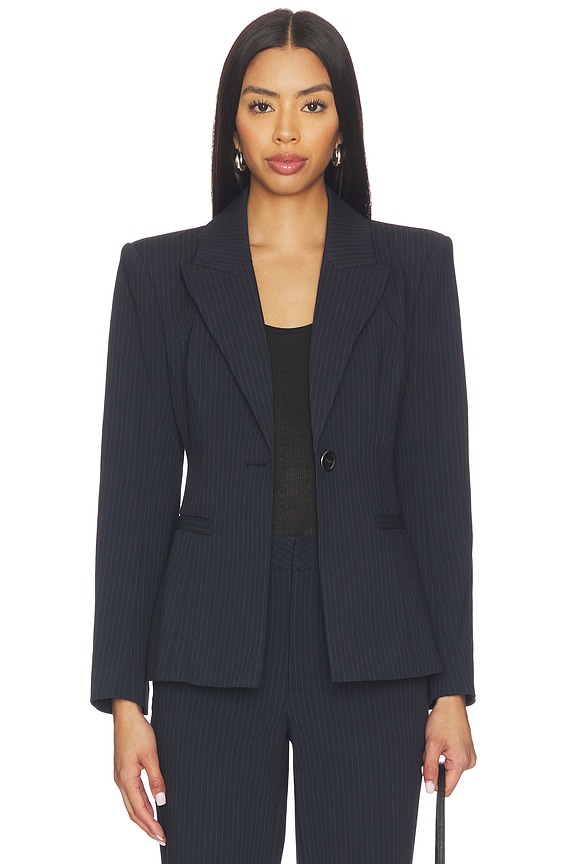 view 2 of 6 Therese Cinched Waist Blazer in Midnight & Ivory Pinstripe