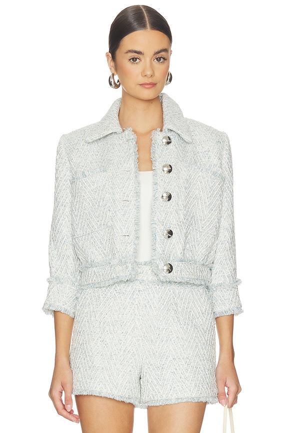 view 1 of 6 Jia Crop 3/4 Sleeve Fringe Jacket in Light Blue & Ivory Chevron