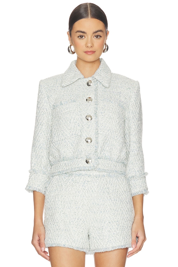 view 2 of 6 Jia Crop 3/4 Sleeve Fringe Jacket in Light Blue & Ivory Chevron