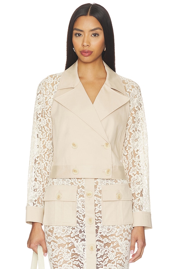 view 1 of 6 Novelle Lace Sleeve Trench in Biscuit & Ecru