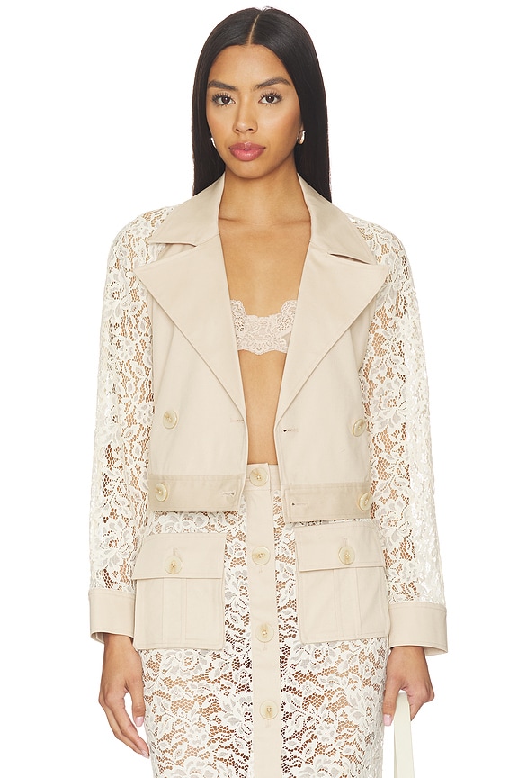view 2 of 6 Novelle Lace Sleeve Trench in Biscuit & Ecru