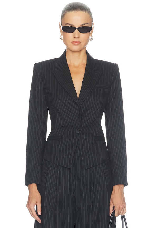 view 2 of 6 Misa Short Single Button Blazer in Black & Grey Pinstripe