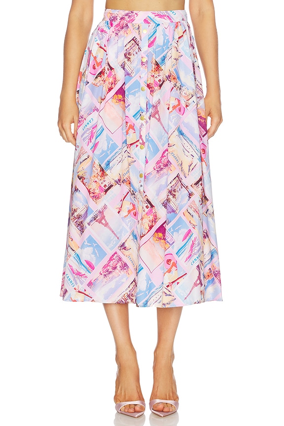 view 1 of 6 Seina Midi Skirt in Light Pink Multi Small Postcard Print