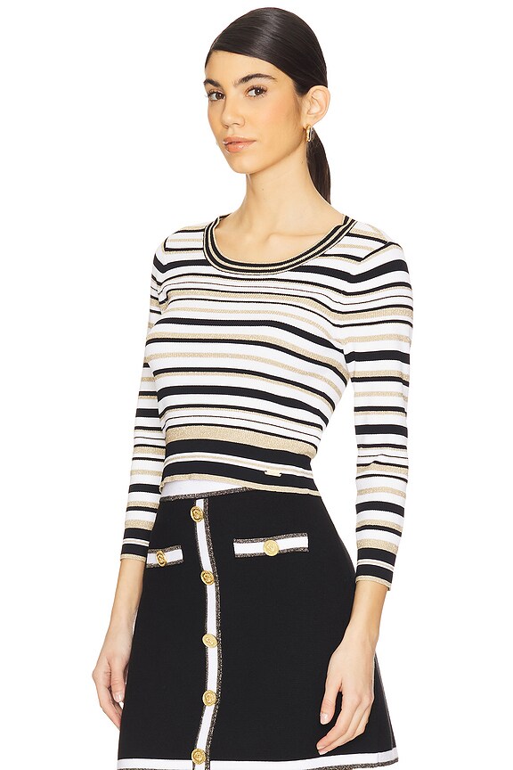 view 2 of 4 Yukio Striped Crop Crew Top in White, Black, & Gold Stripe
