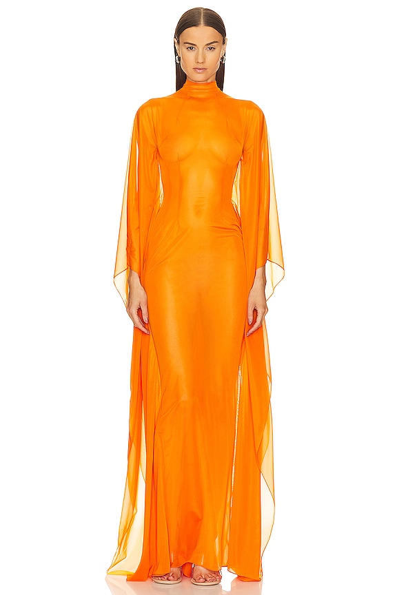 view 1 of 4 Mockneck Gown with Sweeping Dolman Sleeves in Florescent Orange