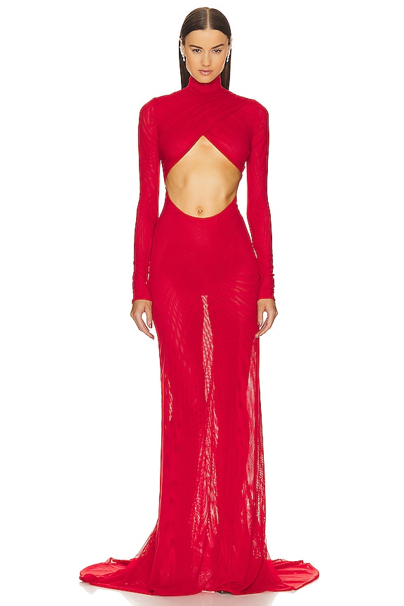view 1 of 3 Mock Neck Cutout Evening Gown in Red in Scarlet