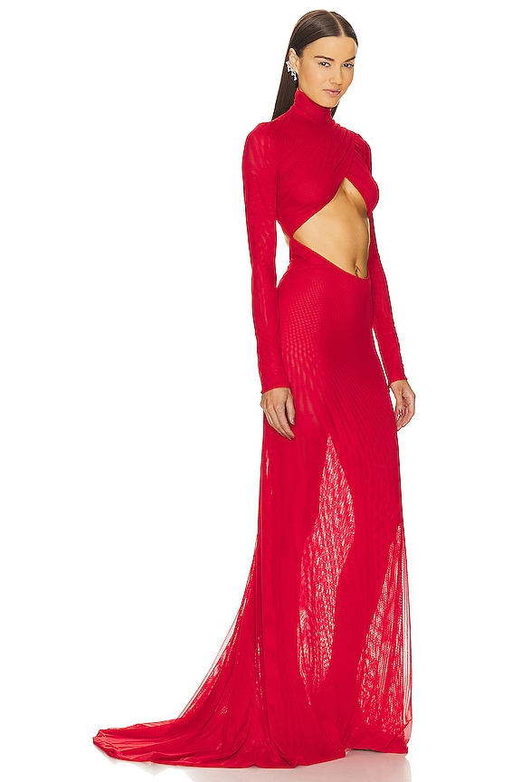view 2 of 3 Mock Neck Cutout Evening Gown in Red in Scarlet