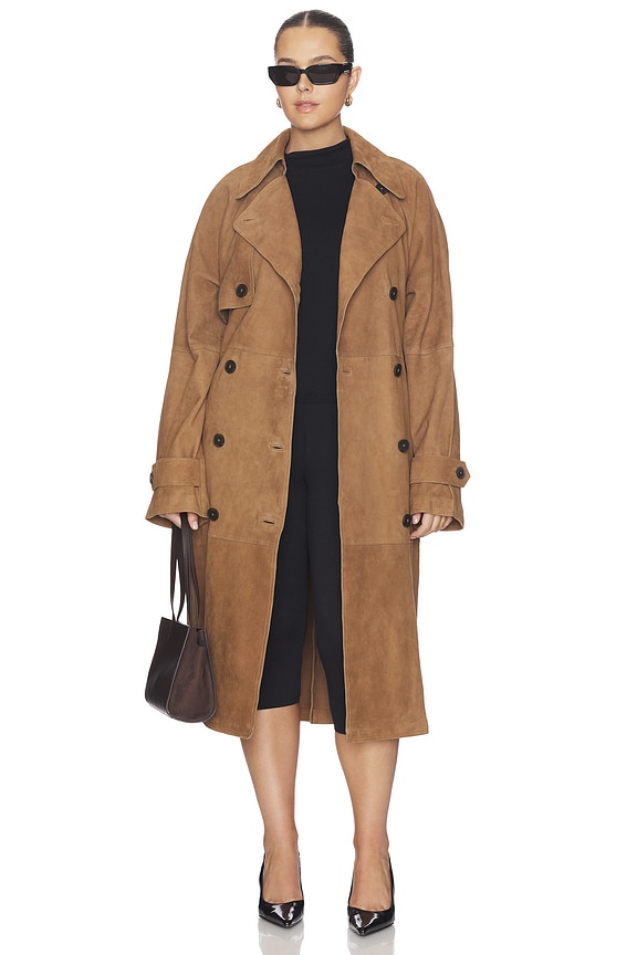 view 2 of 7 By Marianna Dara Suede Trench Coat in Toffee