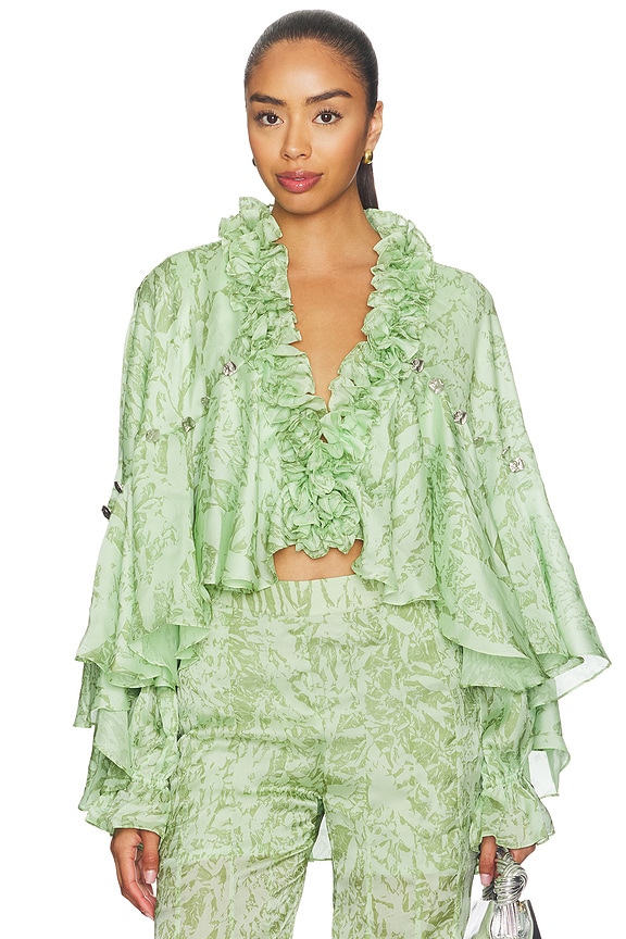 view 1 of 4 Mistleaf Ruffle Printed Top in Green