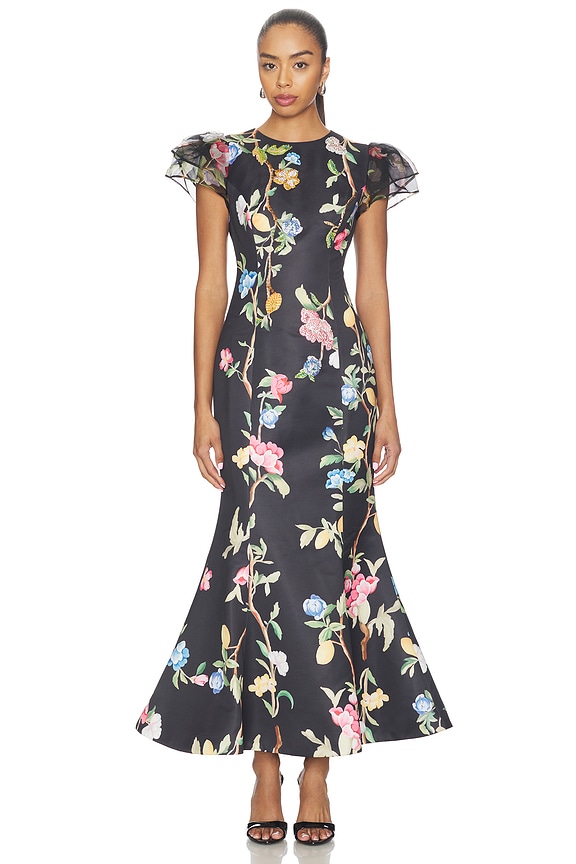 view 1 of 4 Sofia Embellished Puff Sleeve Maxi Dress in Lemon Vine Print In Ebony
