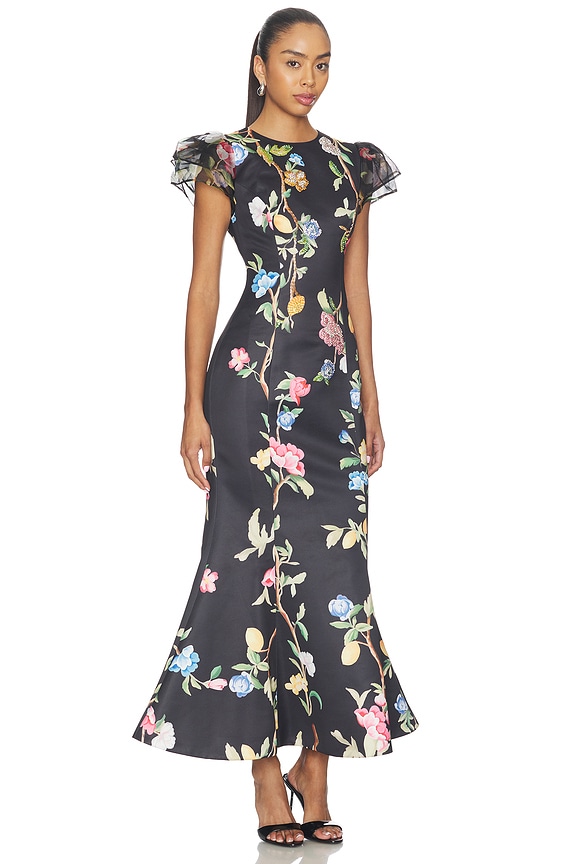 view 2 of 4 Sofia Embellished Puff Sleeve Maxi Dress in Lemon Vine Print In Ebony