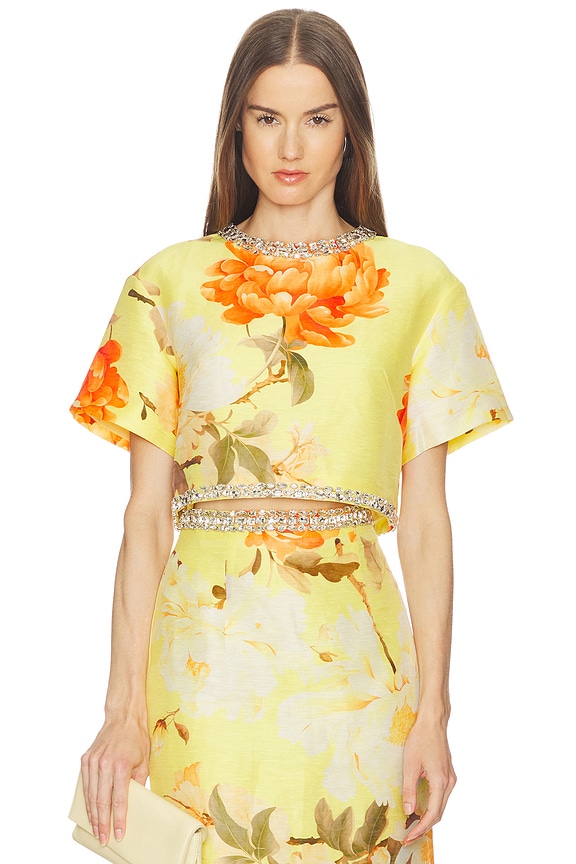 view 1 of 5 Indie Embellished Sleeve Top in Peony Print In Yellow