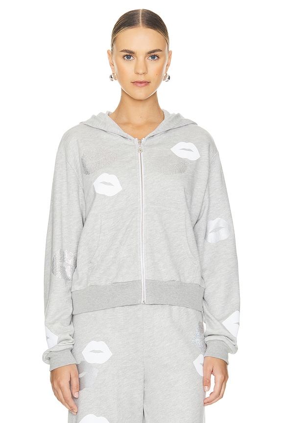 view 2 of 6 SWEAT À CAPUCHE CROPPED AVEC GLISSIÈRE LACHELLE CRYSTAL MULTI LIPS in Heather Grey