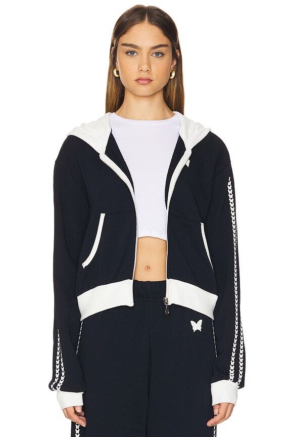 view 2 of 6 SUDADERA CORTA CON CAPUCHA Y CREMALLERA AUDRI COLOR BLOCK CROP ZIP UP HOODIE in Dark Navy & Milk