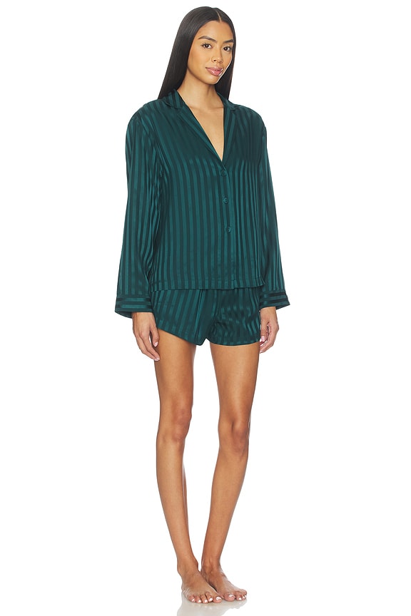 view 2 of 4 Washable Silk Striped Jacquard Button Up Long Sleeve Short Set in Dusky Cypress