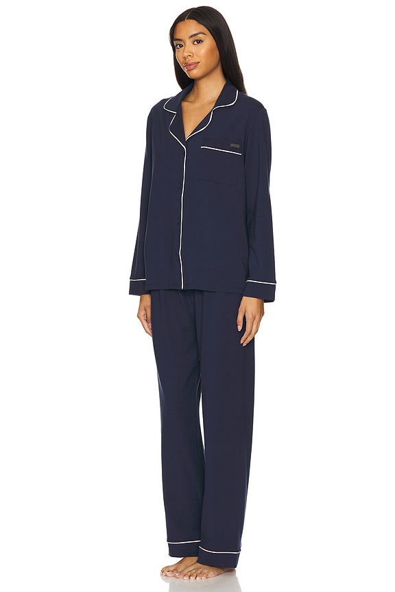 view 2 of 3 Slumberknit Essential Button Down Pant Set in Deep Blue & Swan White