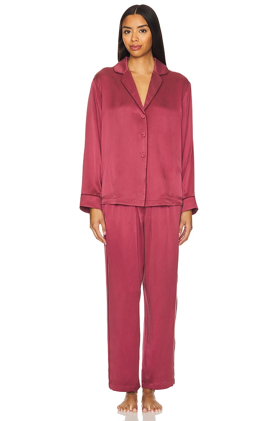 view 1 of 3 Washable Silk Piped Long Sleeve Pant Set in Winter Rose & Calliope Wine
