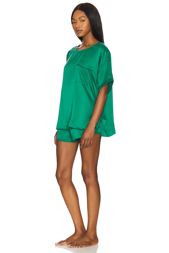 view 2 of 4 Washable Silk Piped Tee Short Set in Estuarine Green & Noble Emerald