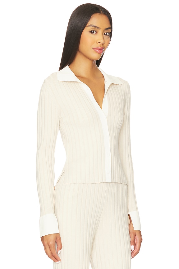 view 2 of 5 Cozy Cotton Silk Ribbed Button Up in Calm Tan & Sincere White