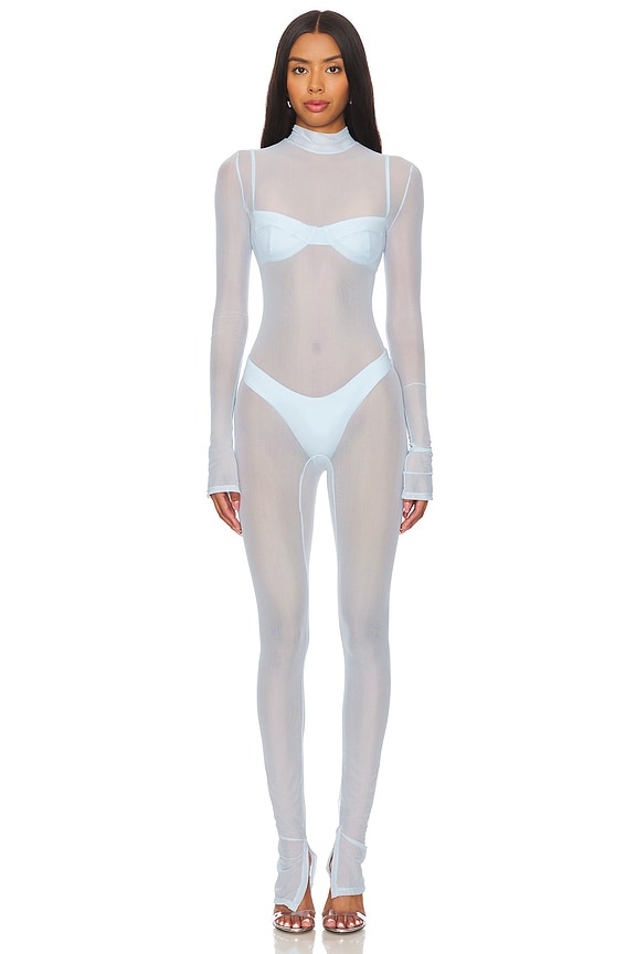 view 2 of 4 Mesh Mock Neck Catsuit in Light Indigo