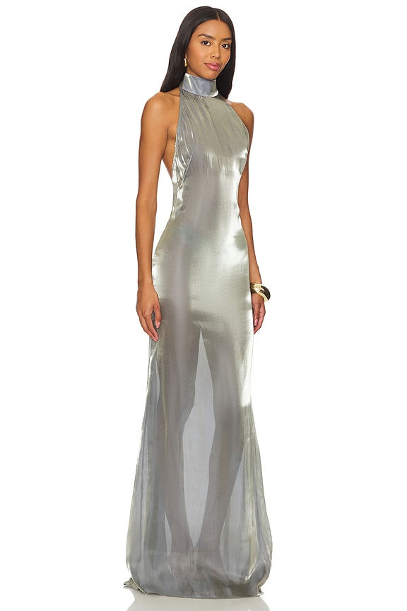 view 2 of 3 Metallic Organza Halter Open Back Gown in Steel
