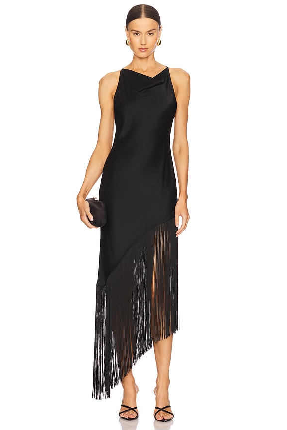 view 2 of 4 Satin Cowl Neck Fringe Dress in Black
