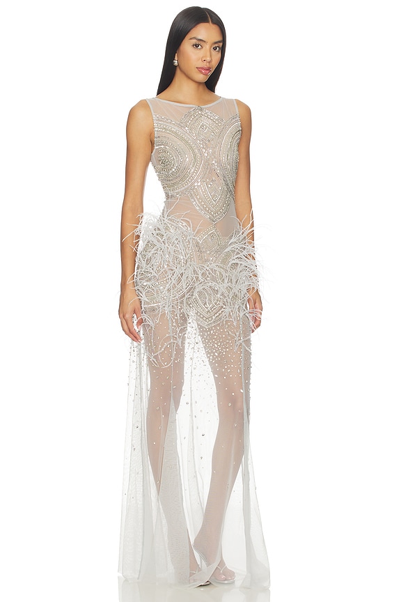 view 2 of 4 Mosaic Crystal Embroidery Sleeveless Boatneck Gown in Silver