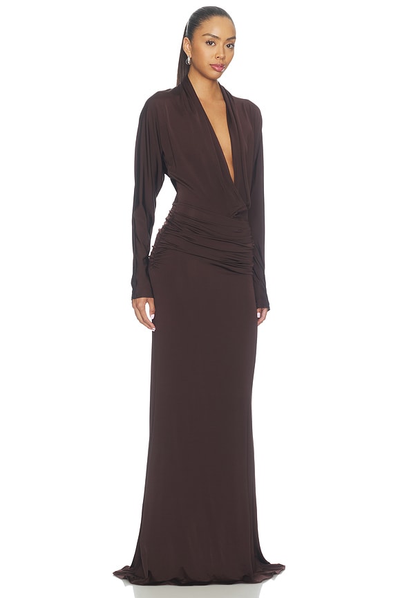 view 2 of 3 Printed Jersey Dolman Cowl Neck Gown in Chocolate