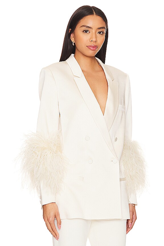 view 2 of 4 Doubleface Satin Broad Shoulder Blazer W Ostrich in Cream