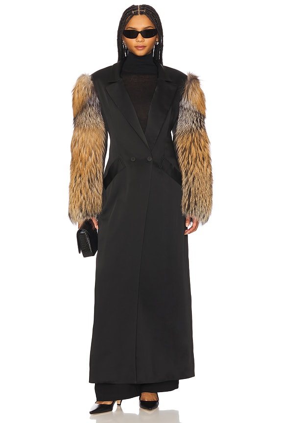 view 1 of 4 Satin Double Breasted Coat With Fur in Black