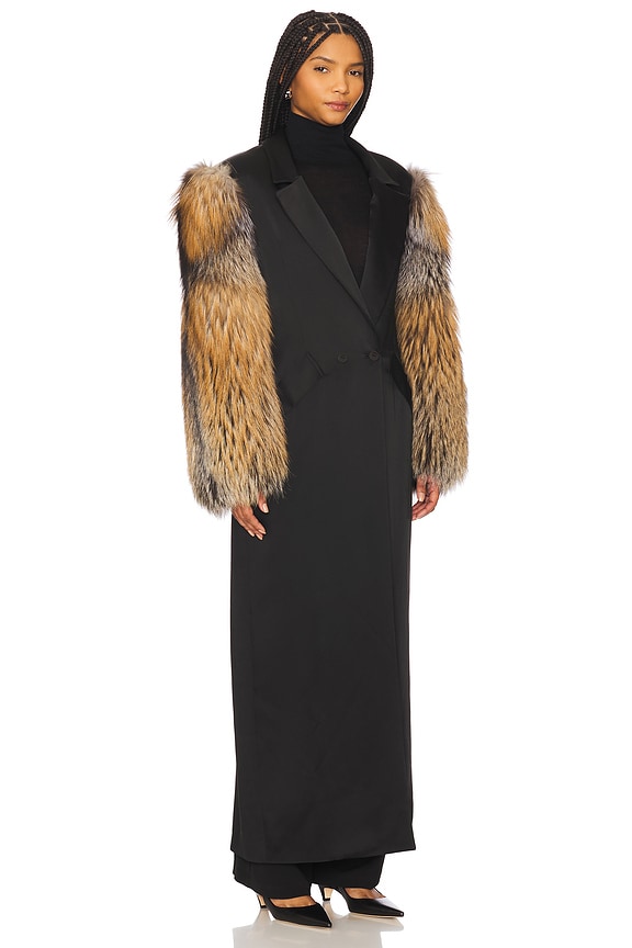 view 2 of 4 Satin Double Breasted Coat With Fur in Black