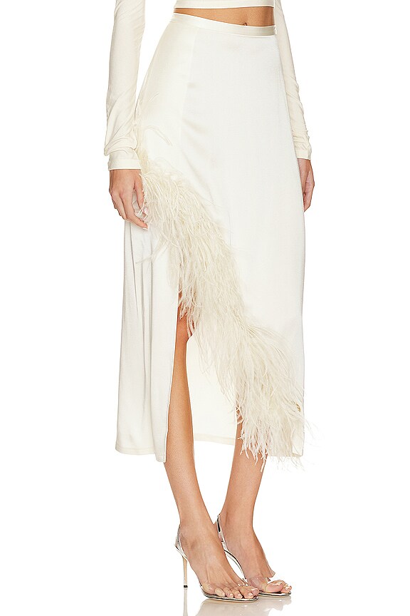 view 2 of 4 JUPE MIDI ASYMÉTRIQUE EN SATIN AVEC PLUMES D'AUTRUCHE in Cream