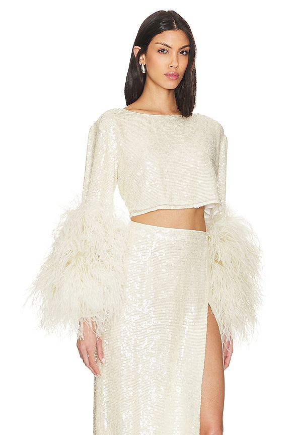 view 2 of 5 Sequin Viscose Cropped Boat Neck Top W Ostrich in Cream