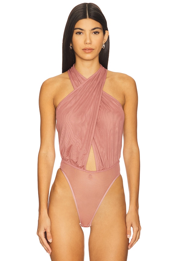 view 2 of 5 Mesh Halter Cutout Bodysuit in Clay