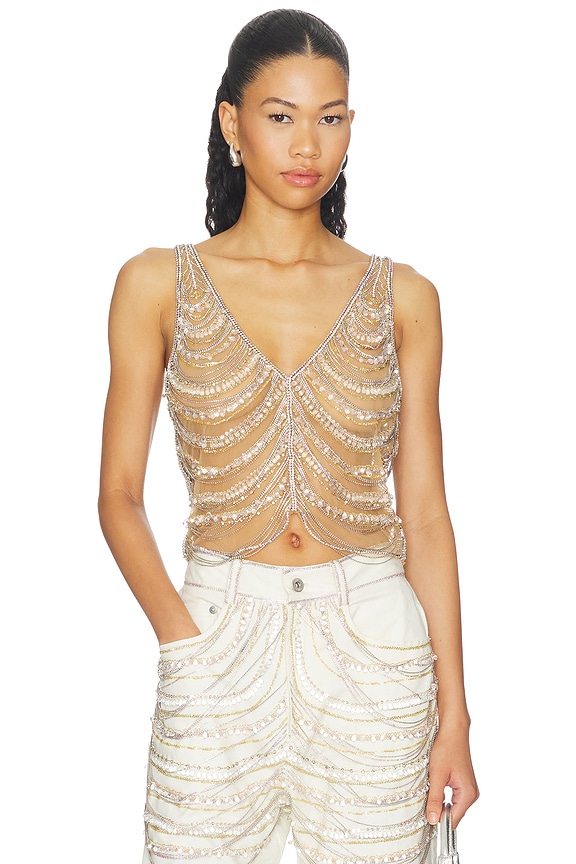 view 1 of 5 Draped Crystal Embroidery V Neck Tank in Silver