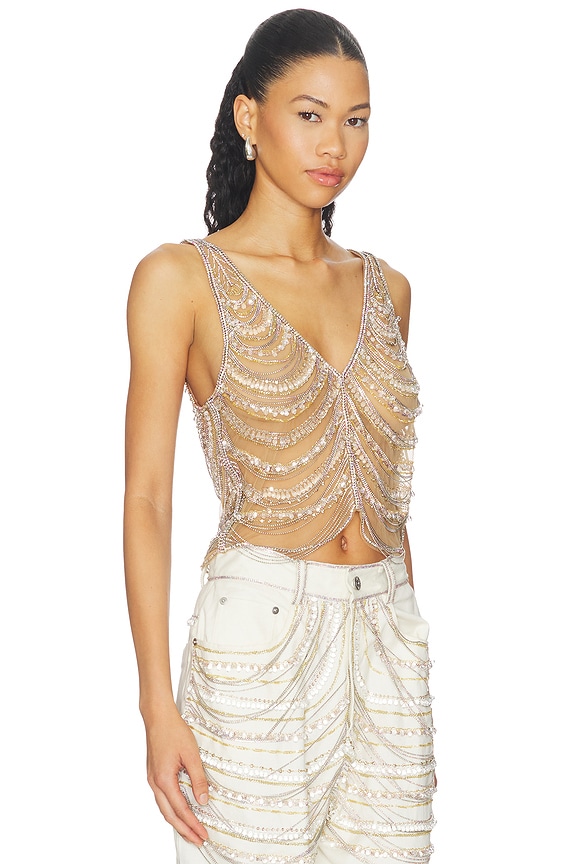 view 2 of 5 Draped Crystal Embroidery V Neck Tank in Silver