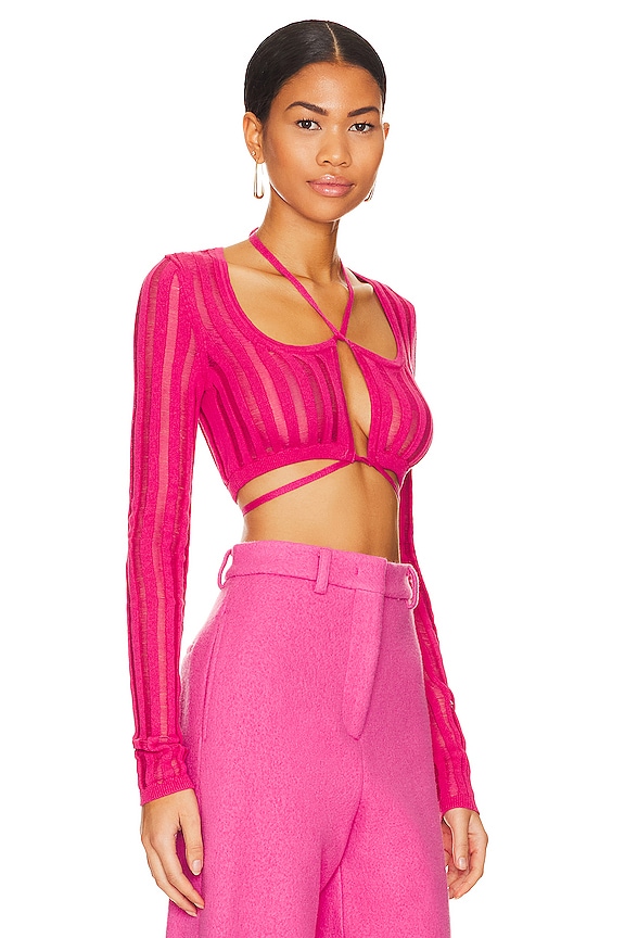 view 2 of 4 Marissa Sheer Rib Long Sleeve Micro Crop in Hot Pink