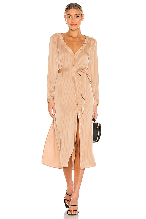 view 1 of 4 Open Neck Button Up Shirt Dress in Champagne Beige