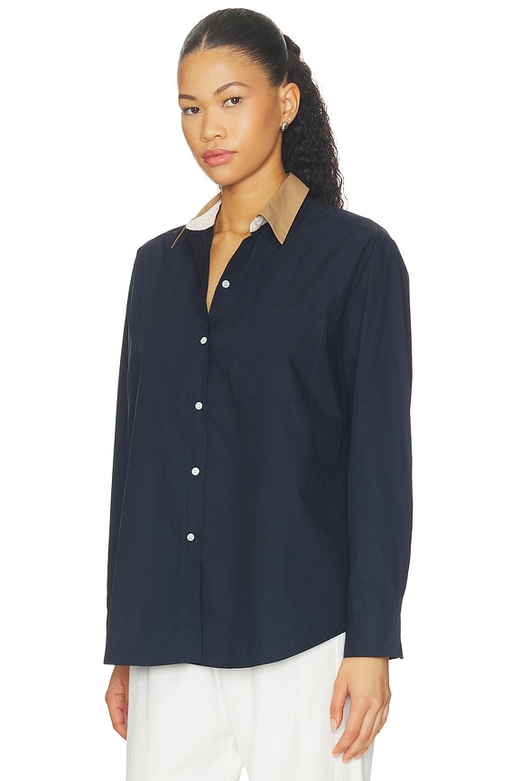 view 2 of 4 Yoshi Contrast Classic Button Down Top in Midnight, Chalk, & Camel