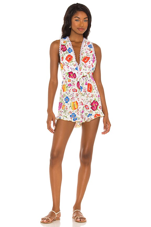 Luli Fama Deep V Short Romper in Amory Playa | REVOLVE