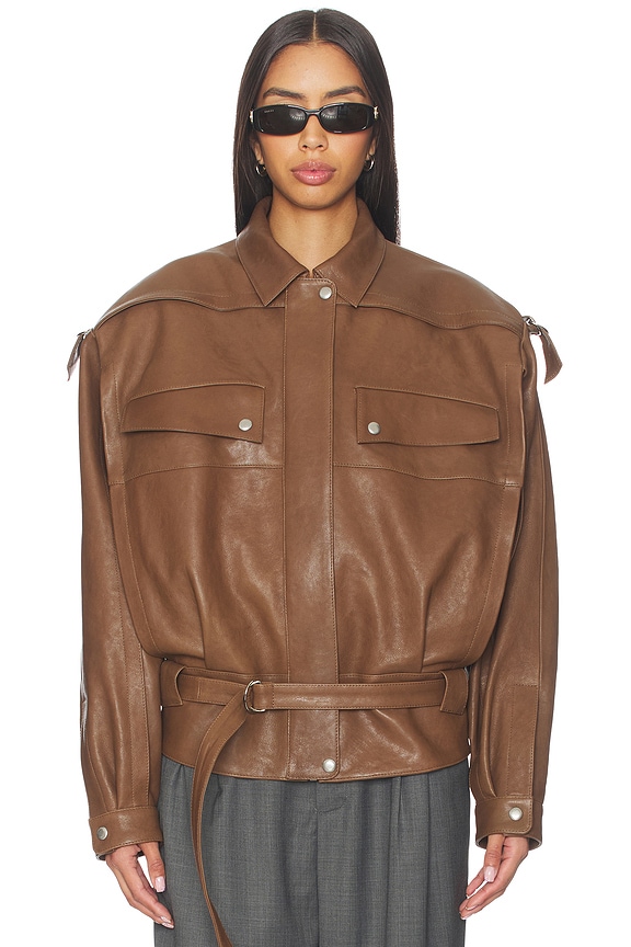 view 2 of 5 Belted Leather Bomber Jacket in Beige