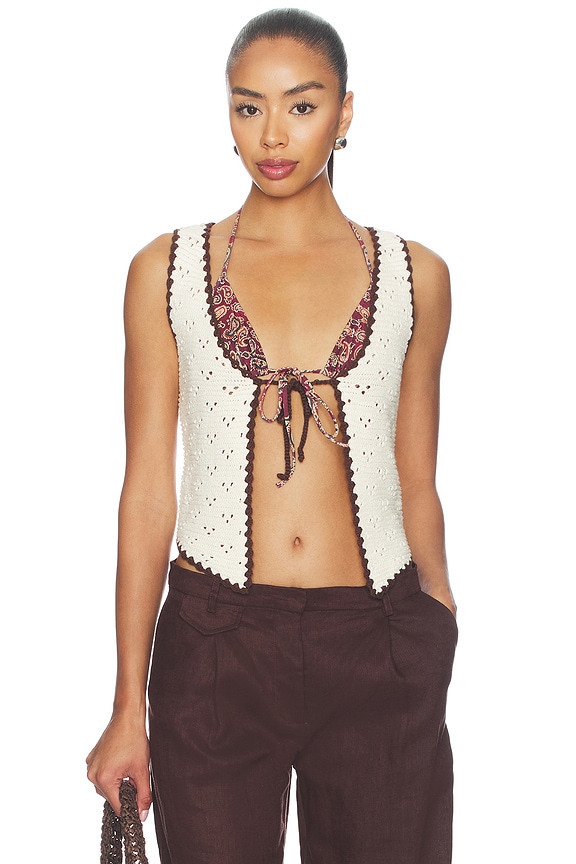 view 1 of 5 Nadyne Tie Front Top in Ivory & Brown