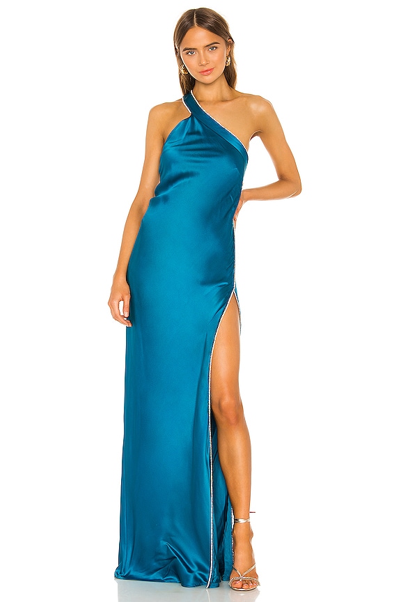 Michelle Mason Crystal Asymmetrical Gown in Lagoon | REVOLVE