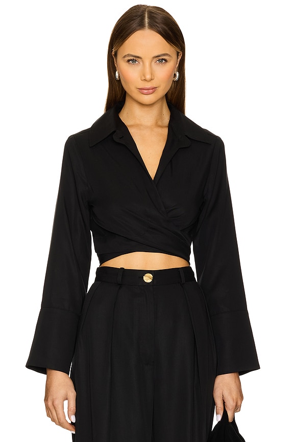 view 2 of 5 Collared Long Sleeve Wrap Top in Black Tencel