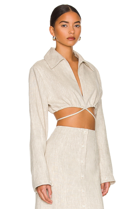 view 2 of 4 Long Sleeve Spread Collar Crop Top in Oatmeal