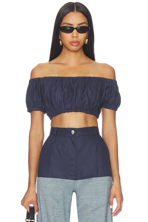 view 1 of 4 Bubble Crop Top in Navy Linen